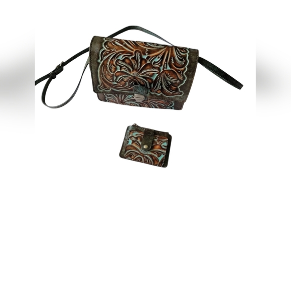 Patrica Nash Brown and Green Embossed Leather Bag and Wallet Set - Picture 2 of 4